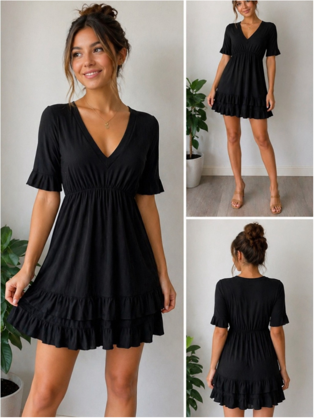 Shan Black Ruffle Hem Mini Dress V Neck Soft Stretch Flowy Small Medium - Picture 2 of 8